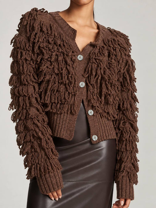 Long Sleeve Cardigan With Cascading Loop Fringe – Brown