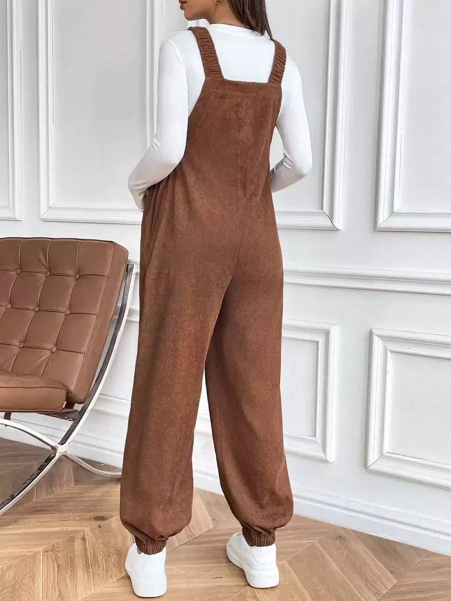 Maternity Bib Jumpsuit With Gathered Straps And Cuffed Legs – Brown