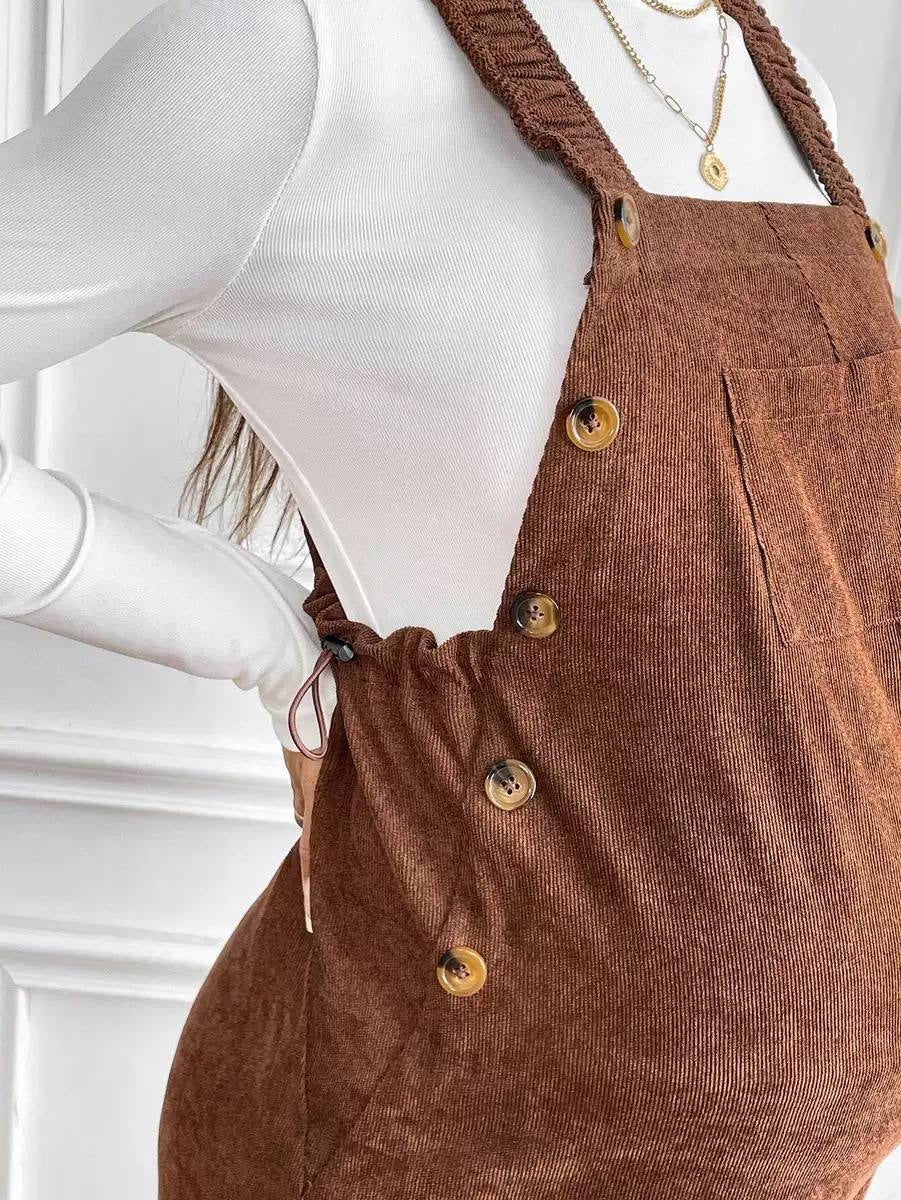 Maternity Bib Jumpsuit With Gathered Straps And Cuffed Legs – Brown