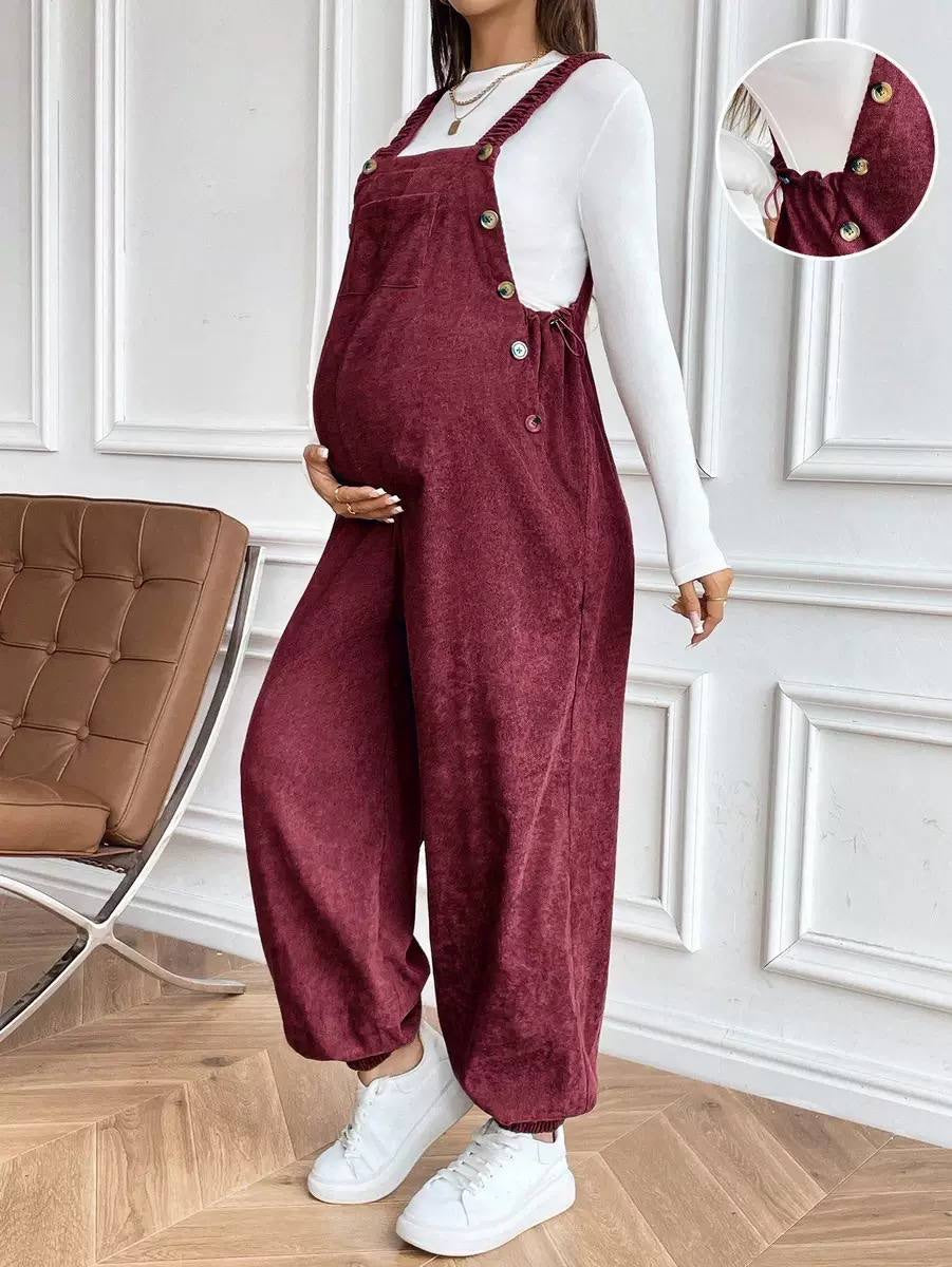 Maternity Bib Jumpsuit With Gathered Straps And Cuffed Legs – Burgundy