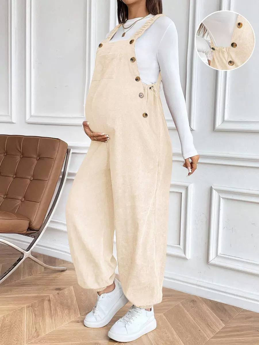 Maternity Bib Jumpsuit With Gathered Straps And Cuffed Legs – Cream