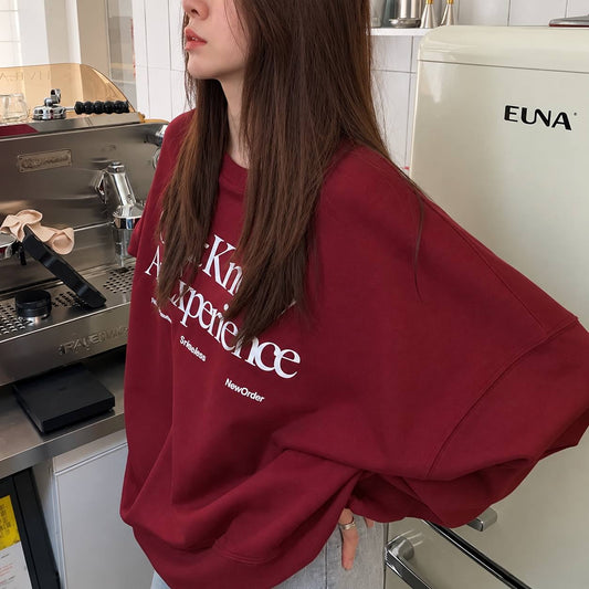 Letter Print Sweatshirt With Ribbed Trim And Relaxed Fit – Burgundy