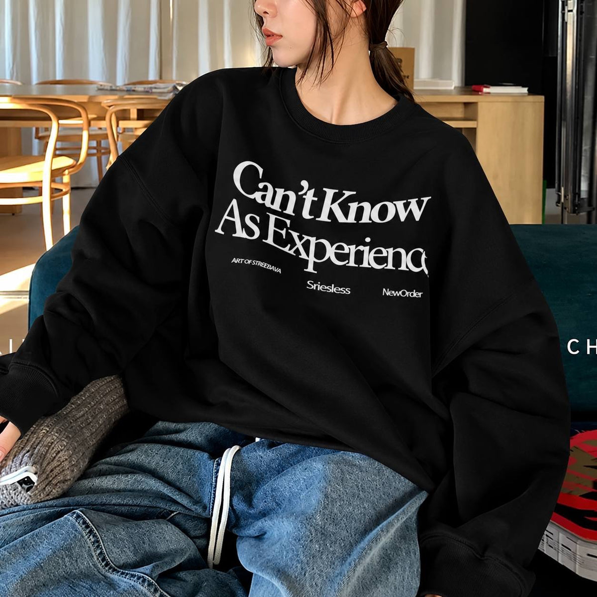 Letter Print Sweatshirt With Ribbed Trim And Relaxed Fit – Black