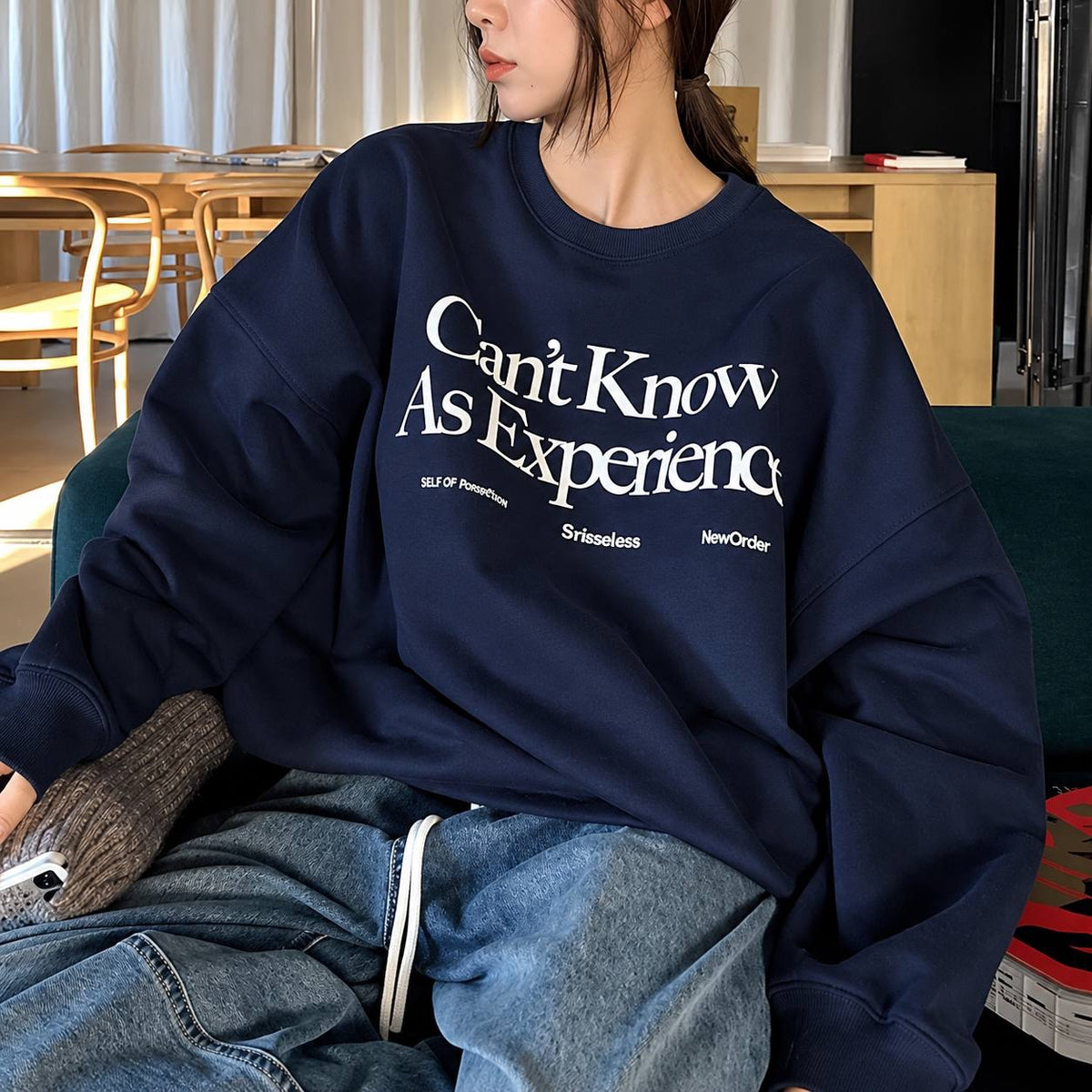 Letter Print Sweatshirt With Ribbed Trim And Relaxed Fit – Navy