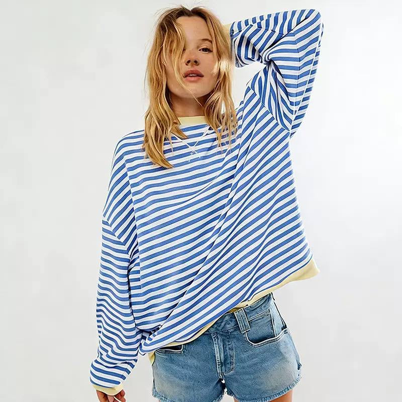 Relaxed Striped Crewneck Top With Dropped Shoulders – Blue And White Stripe