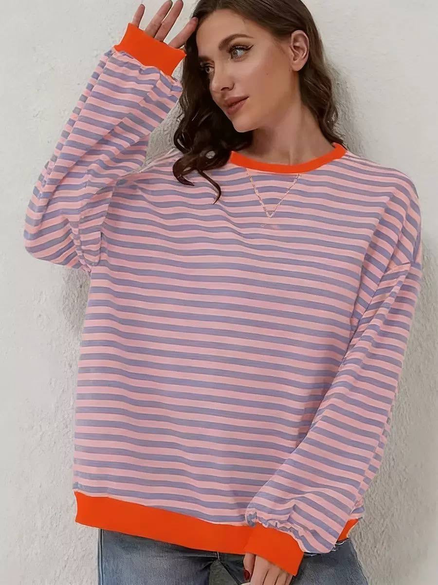 Relaxed Striped Crewneck Top With Dropped Shoulders – Pink And Grey Stripe