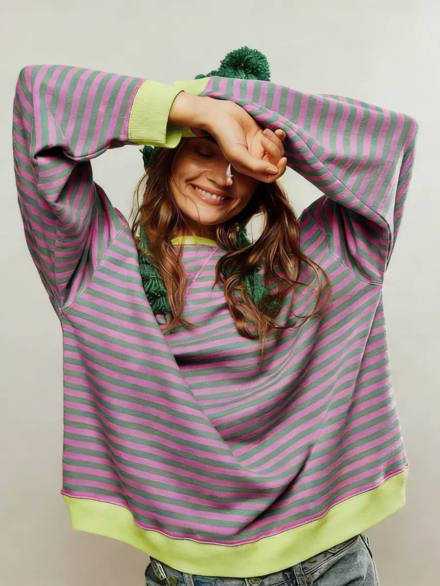 Relaxed Striped Crewneck Top With Dropped Shoulders – Green And Pink Stripe