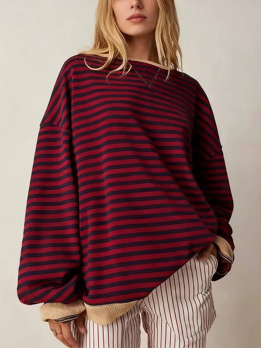 Relaxed Striped Crewneck Top With Dropped Shoulders – Burgundy And Navy Stripe