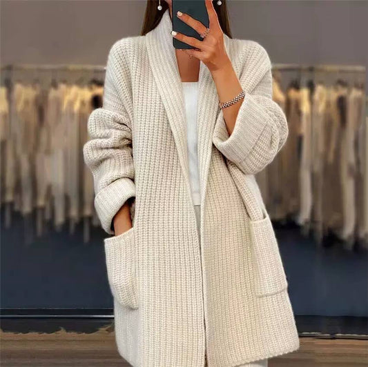 Shawl Collar Longline Cardigan With Textured Knit And Pockets – Cream