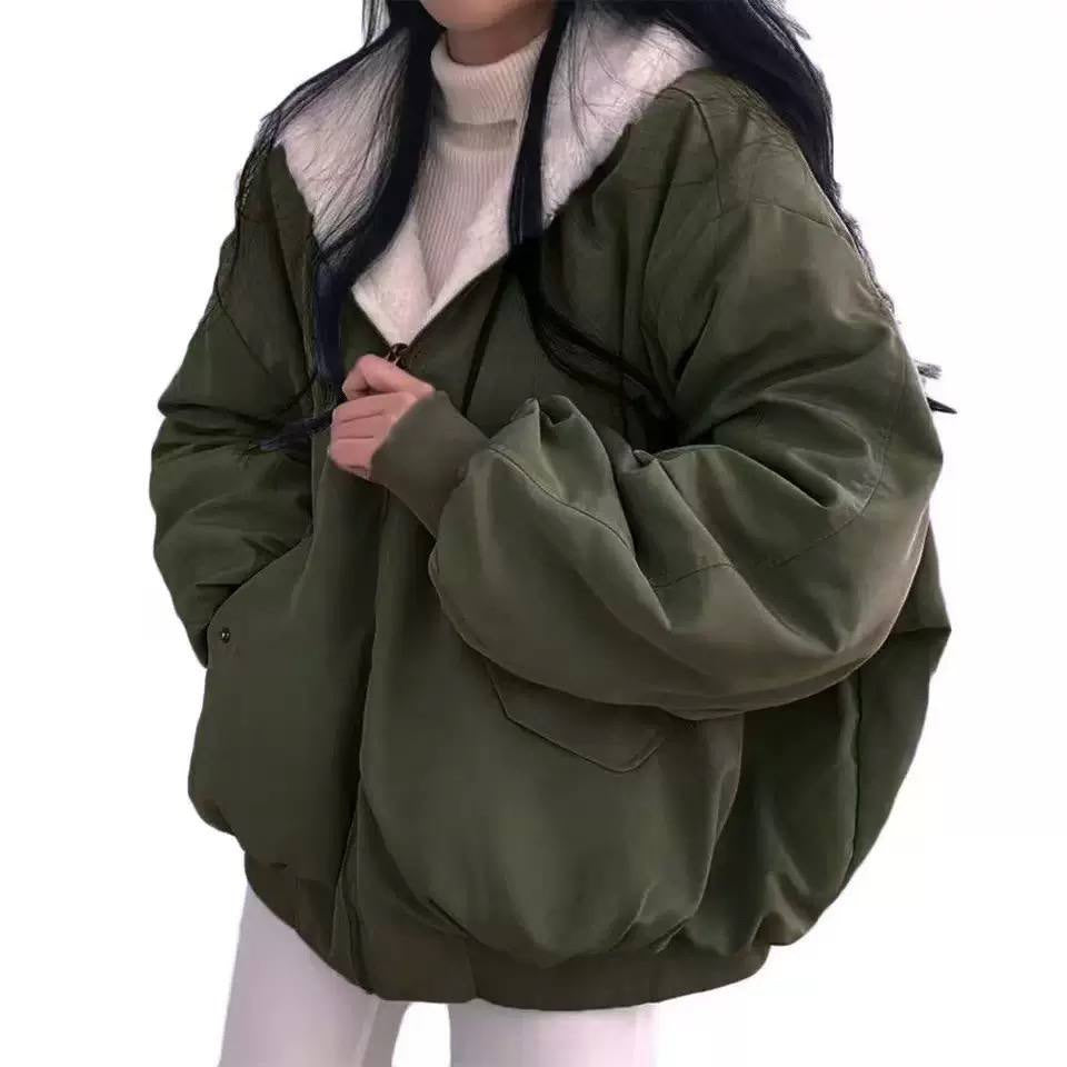 Plush-Collar Bomber Jacket With Dropped Shoulders and Ribbed Trim – Olive Green