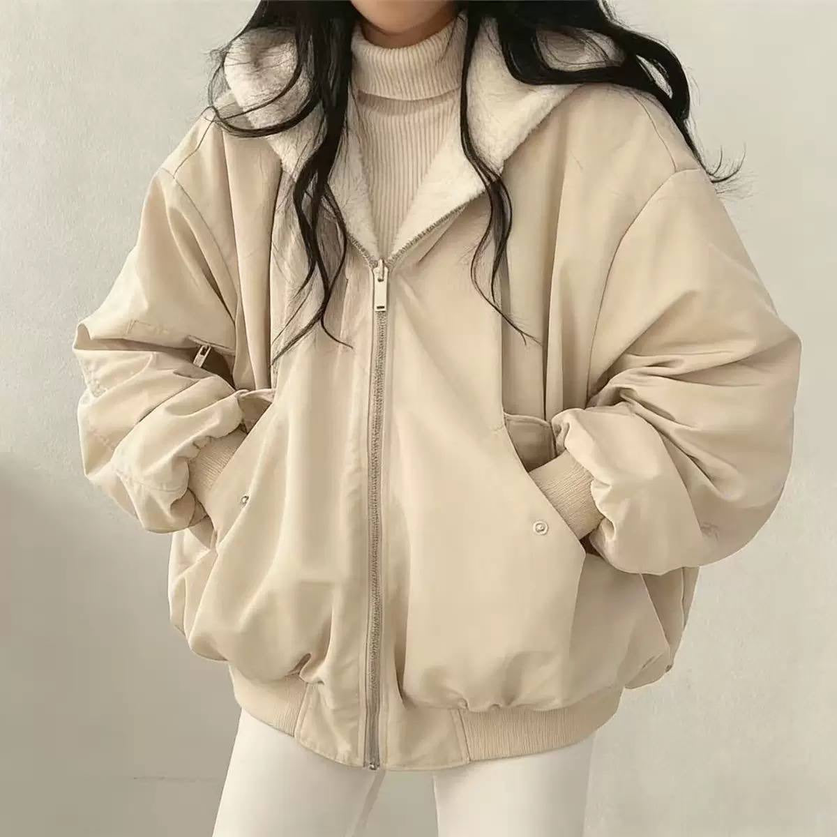 Plush-Collar Bomber Jacket With Dropped Shoulders and Ribbed Trim – Beige