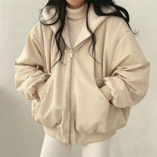 Plush-Collar Bomber Jacket With Dropped Shoulders and Ribbed Trim – Beige