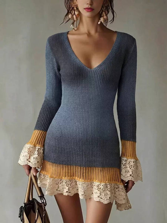 Lace Cuff Sweater Dress With Contrast Openwork Hem – Blue