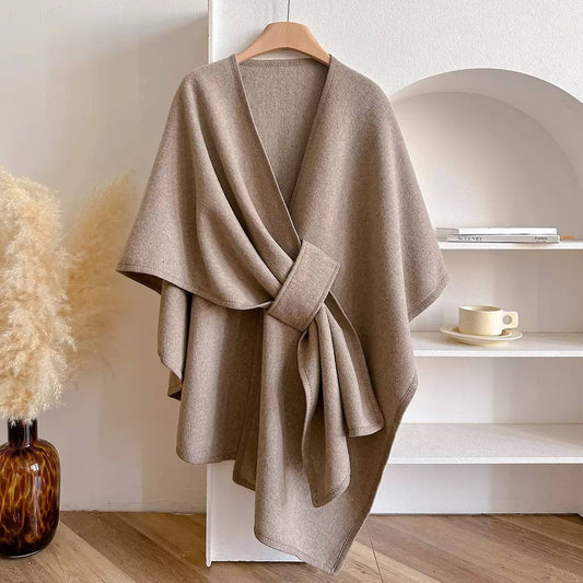Asymmetric Cape Wrap With Gathered Front Drape – Taupe
