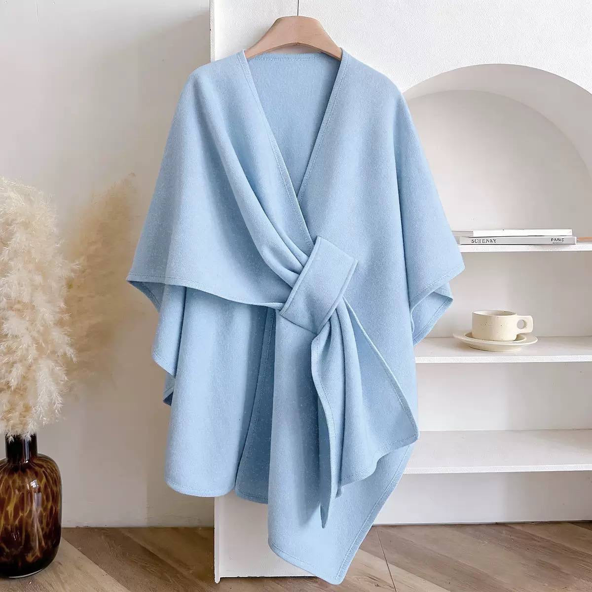 Asymmetric Cape Wrap With Gathered Front Drape – Light Blue