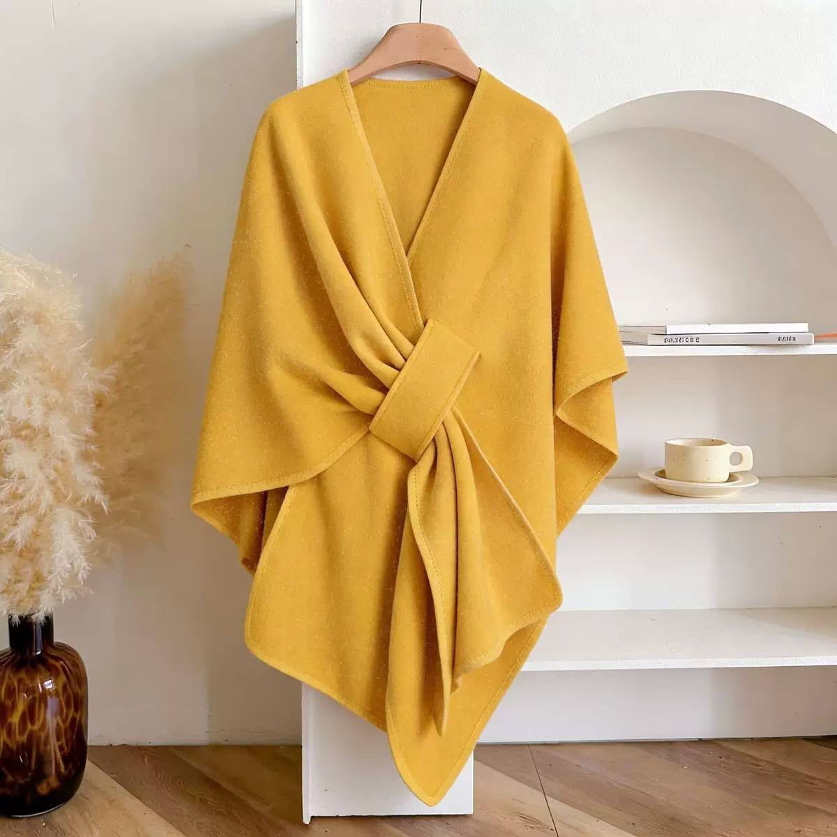 Asymmetric Cape Wrap With Gathered Front Drape – Mustard