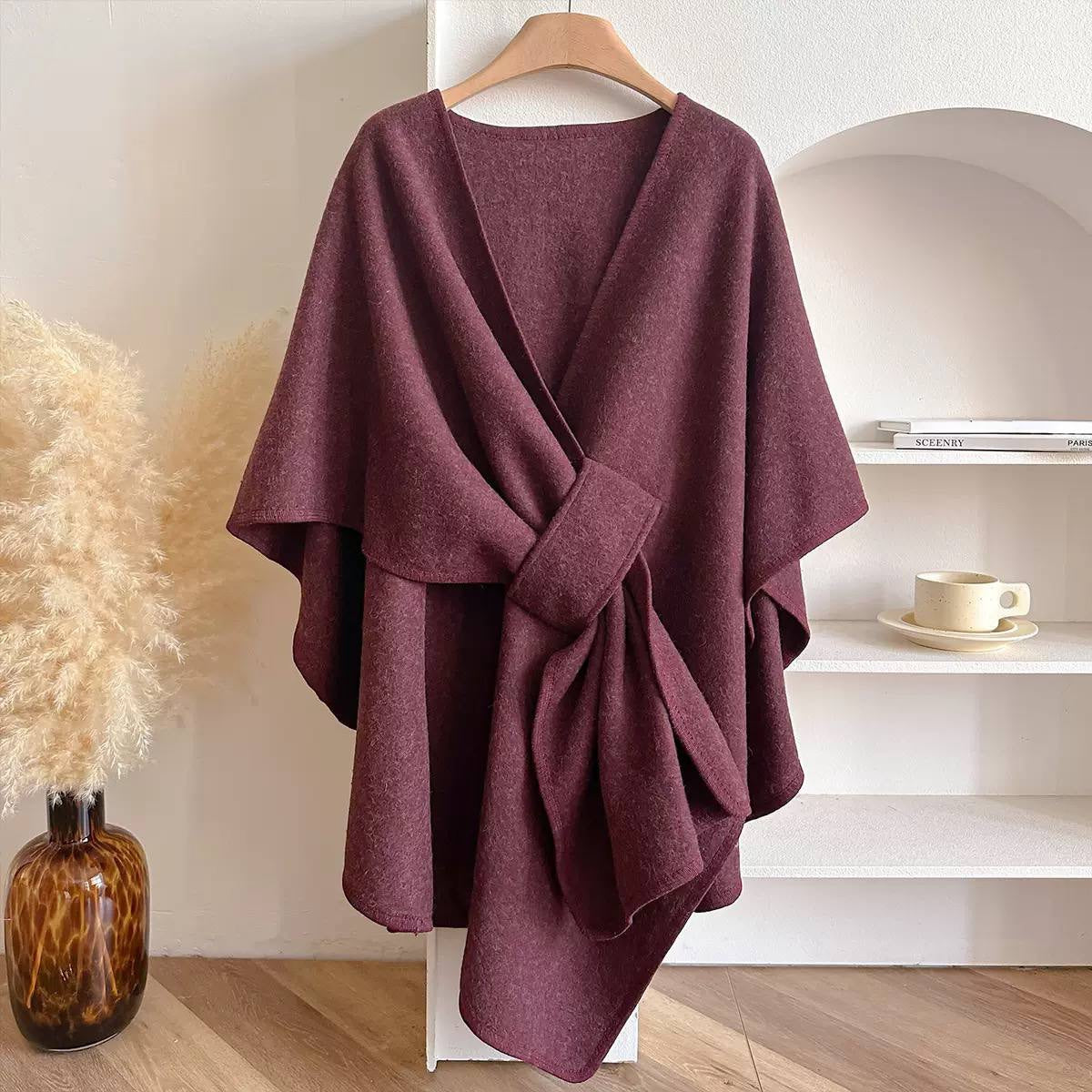 Asymmetric Cape Wrap With Gathered Front Drape – Burgundy