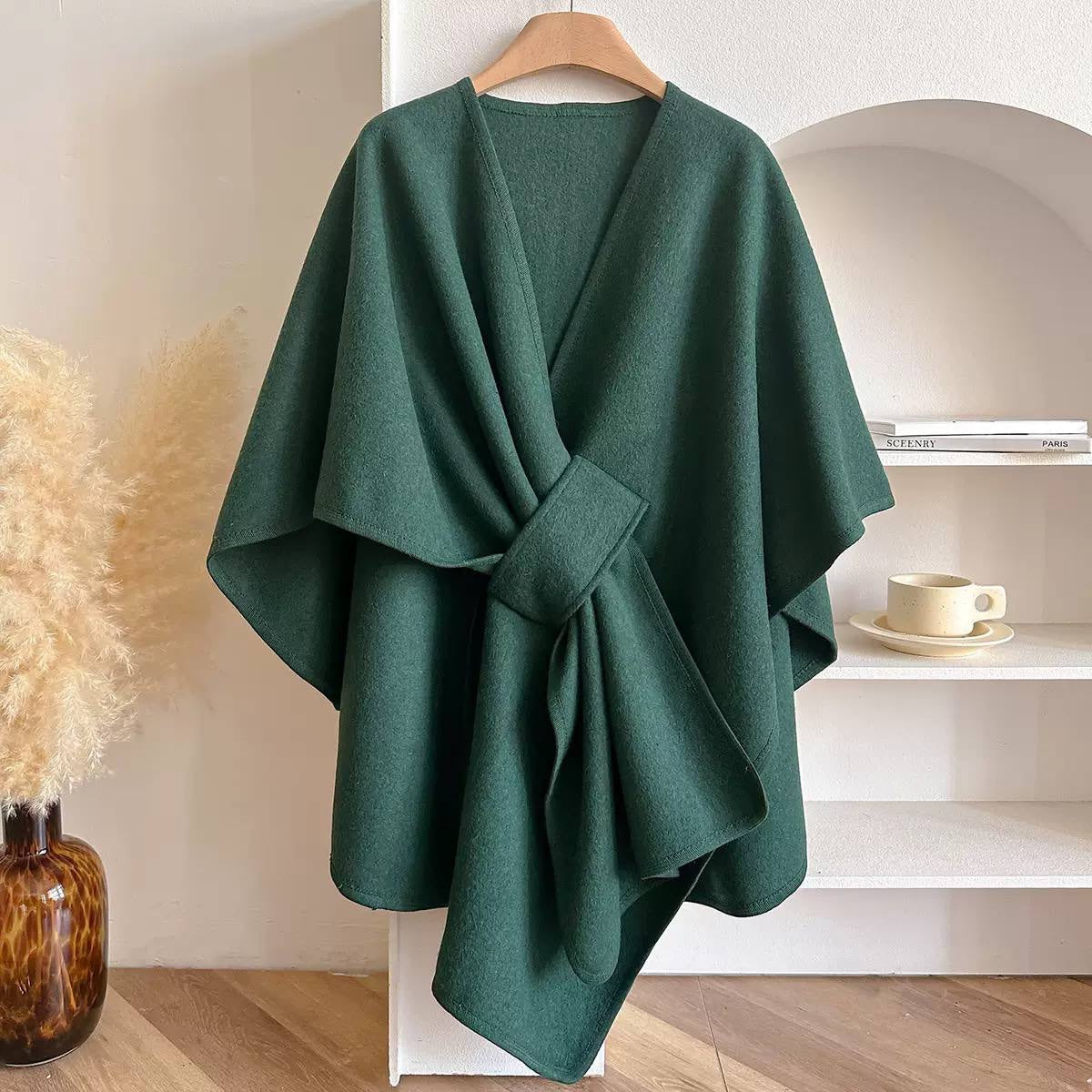 Asymmetric Cape Wrap With Gathered Front Drape – Dark Green