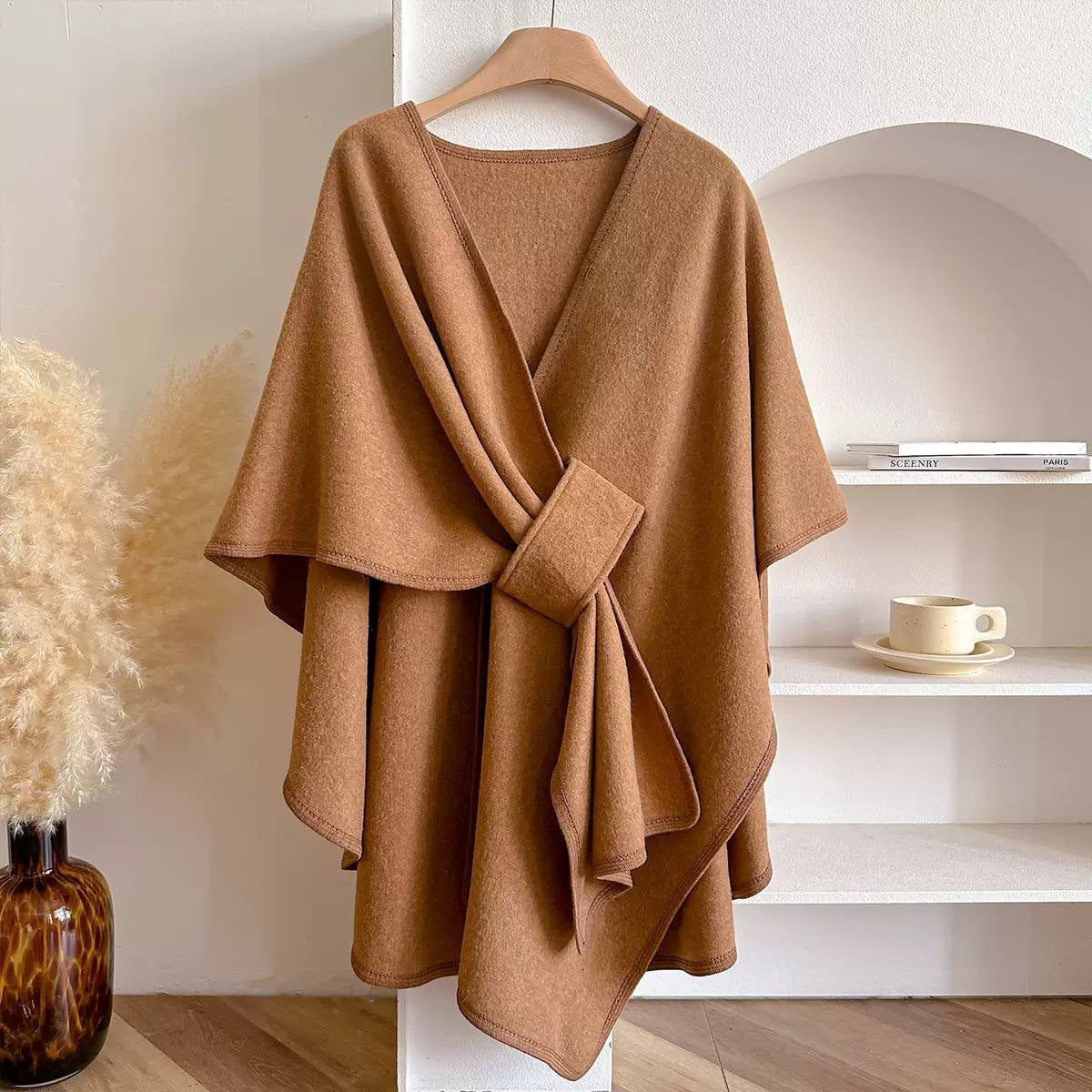 Asymmetric Cape Wrap With Gathered Front Drape – Camel
