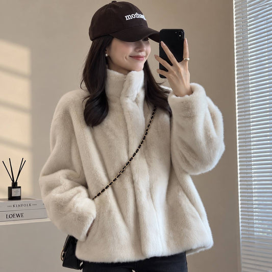 Relaxed High Collar Jacket With Plush Texture – Cream