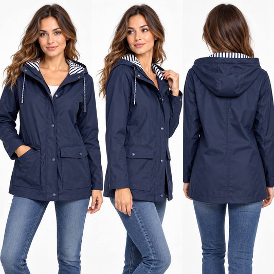 Long Sleeve Hooded Jacket With Snap Flap Pockets – Navy