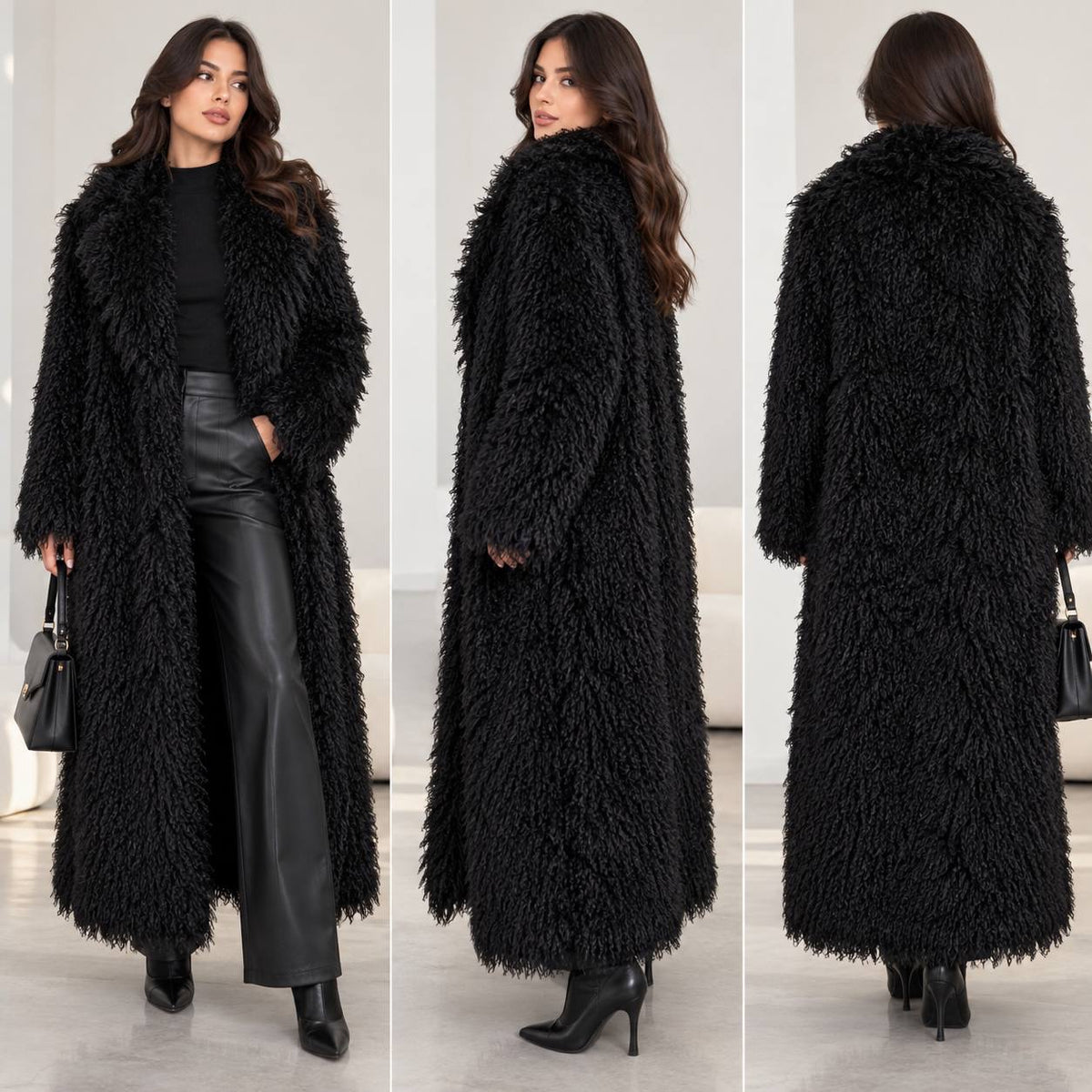 Relaxed Maxi Coat With Statement Collar and Texture – Black