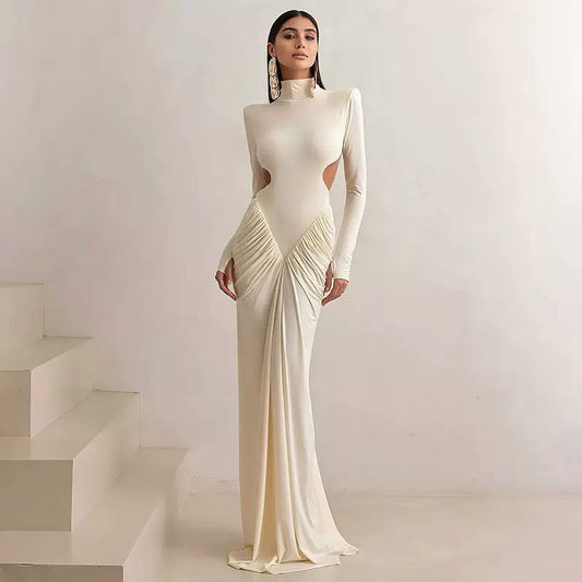 Ruched Maxi Dress With Sculpted Waist Cutouts – Ivory