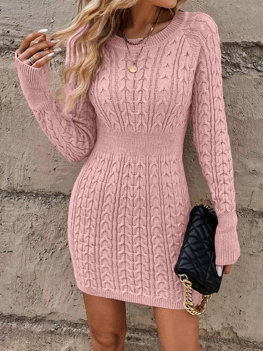 Ribbed Waist Cable Knit Mini Sweater Dress – Pink