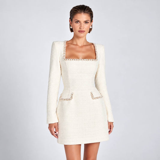 Textured Mini Dress With Embellished Trim and Long Sleeves – Ivory
