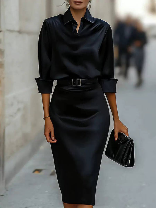 Cuffed Three-Quarter Sleeve Dress With Draped Front – Black