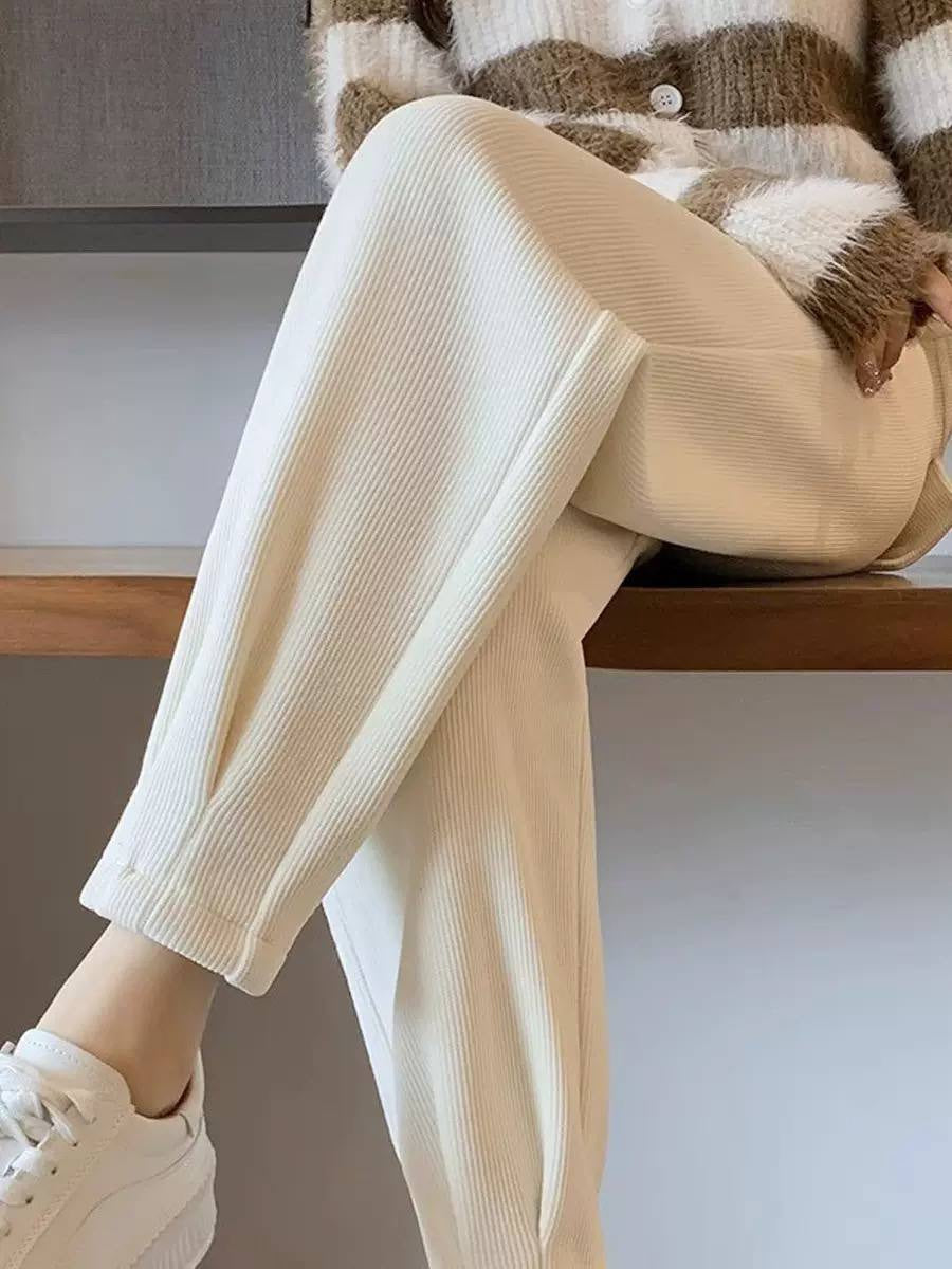 Tapered Pants With Fine Ribbing and Relaxed Fit – Cream