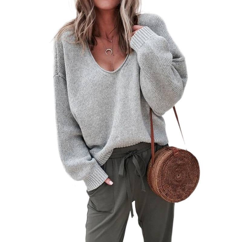 Dropped Shoulder Sweater With Deep Scoop Neckline – Grey