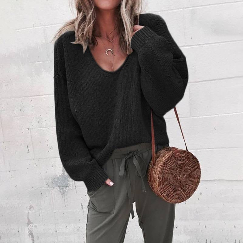 Dropped Shoulder Sweater With Deep Scoop Neckline – Black