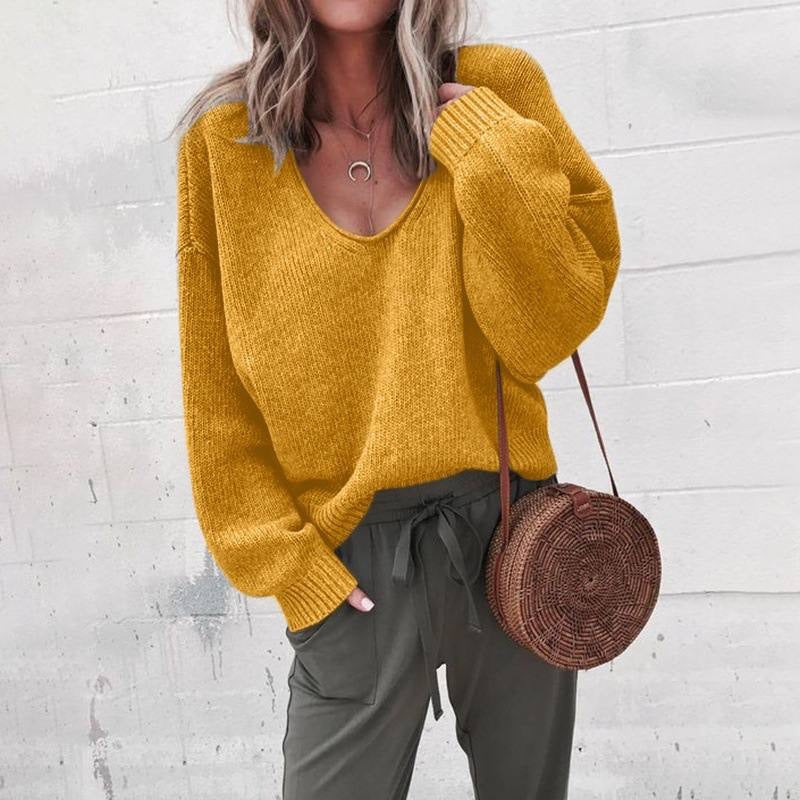 Dropped Shoulder Sweater With Deep Scoop Neckline – Mustard