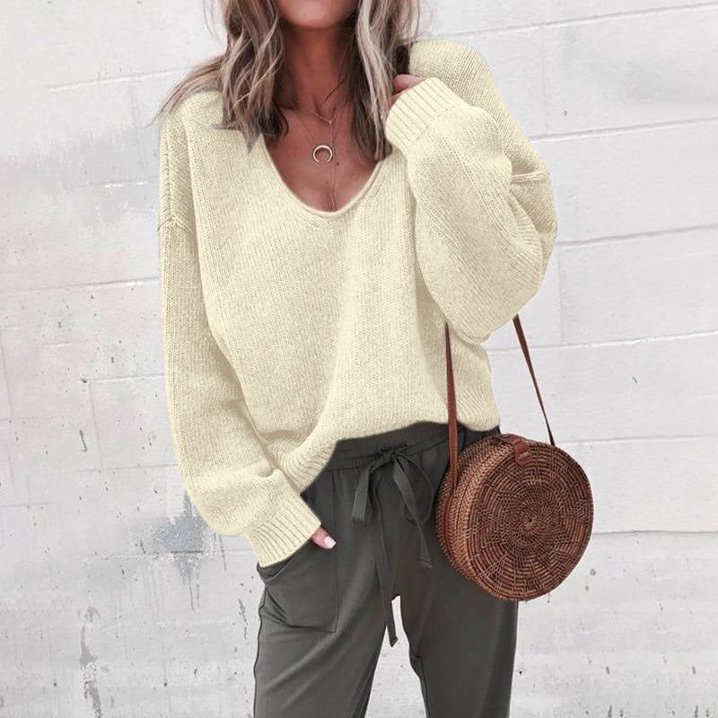 Dropped Shoulder Sweater With Deep Scoop Neckline – Cream