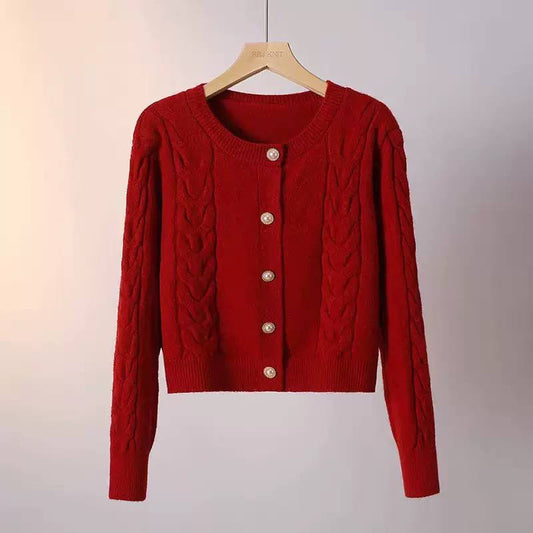 Long Sleeve Cable Cardigan With Ornate Buttons – Red