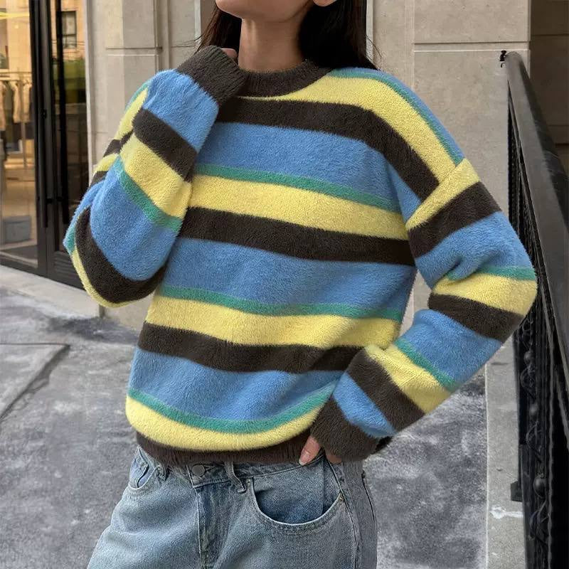 Fuzzy Striped Sweater With Ribbed Crewneck And Cuffs – Blue Striped