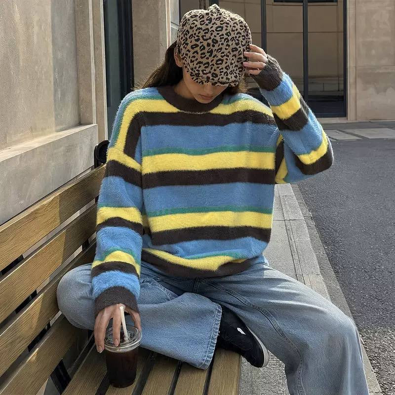 Fuzzy Striped Sweater With Ribbed Crewneck And Cuffs – Blue Striped