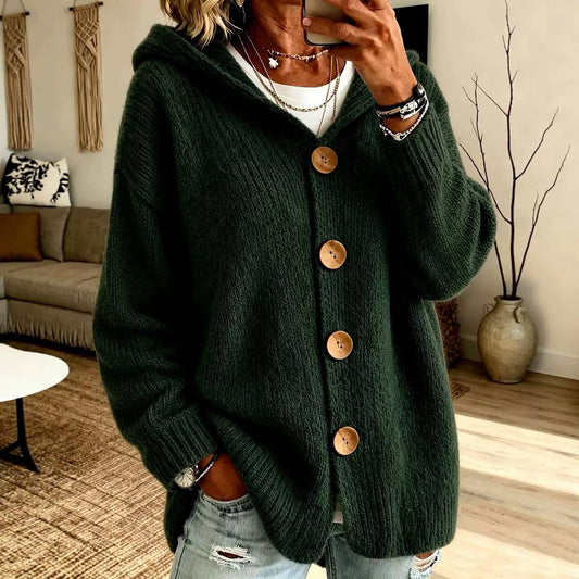 Drop-Shoulder Knit Cardigan With Hood And Large Buttons – Dark Green