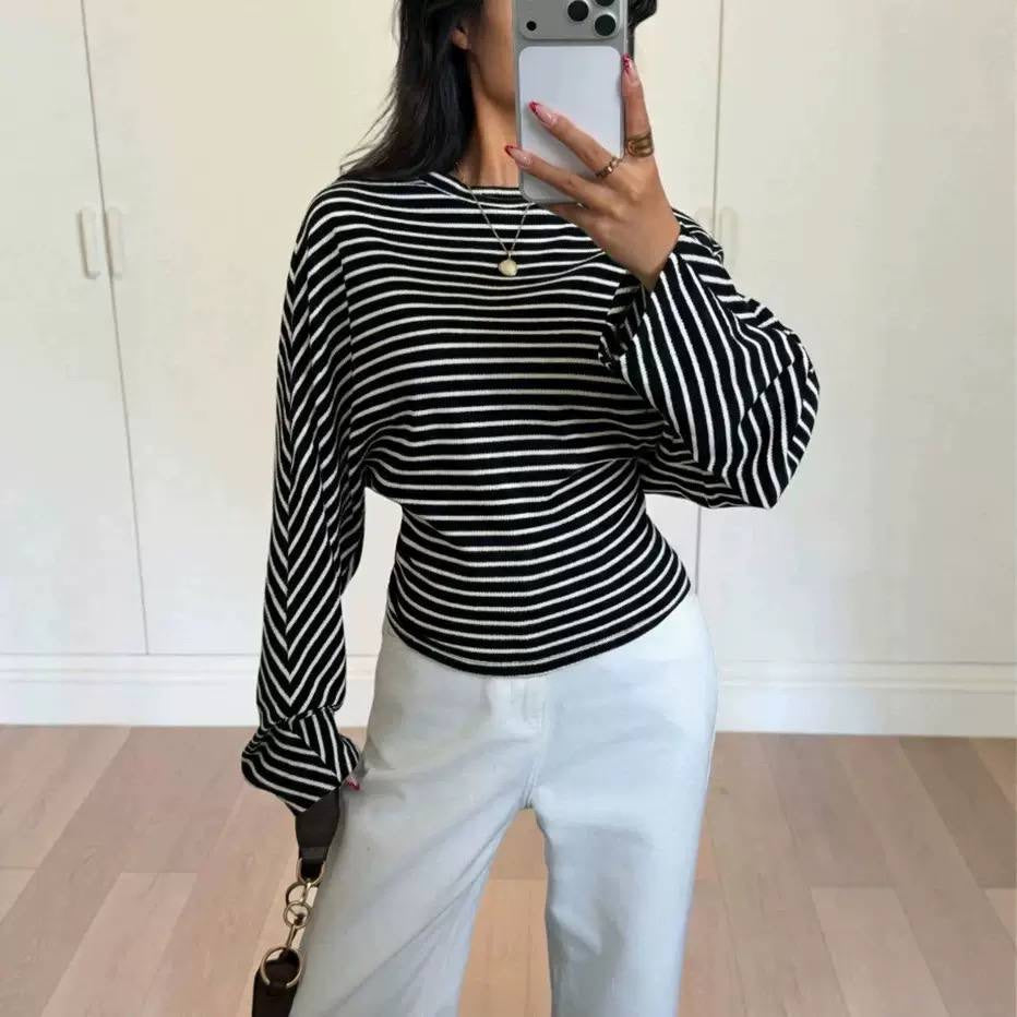 Round Neck Striped Sweater With Draped Long Sleeves – Black Striped
