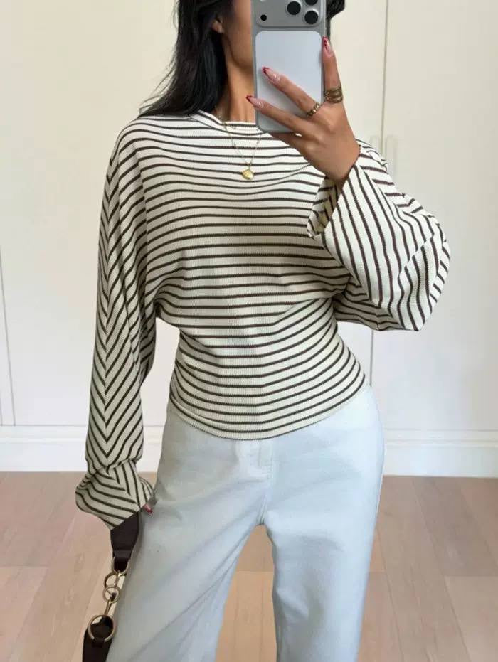 Round Neck Striped Sweater With Draped Long Sleeves – Cream Striped