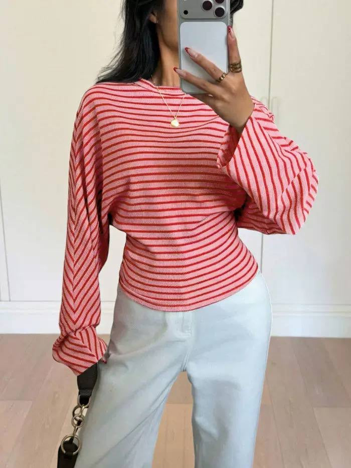 Round Neck Striped Sweater With Draped Long Sleeves – Pink Striped
