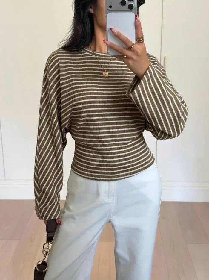 Round Neck Striped Sweater With Draped Long Sleeves – Brown Striped