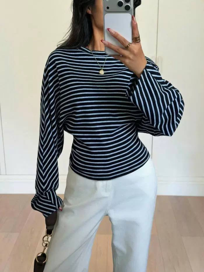 Round Neck Striped Sweater With Draped Long Sleeves – Navy Striped