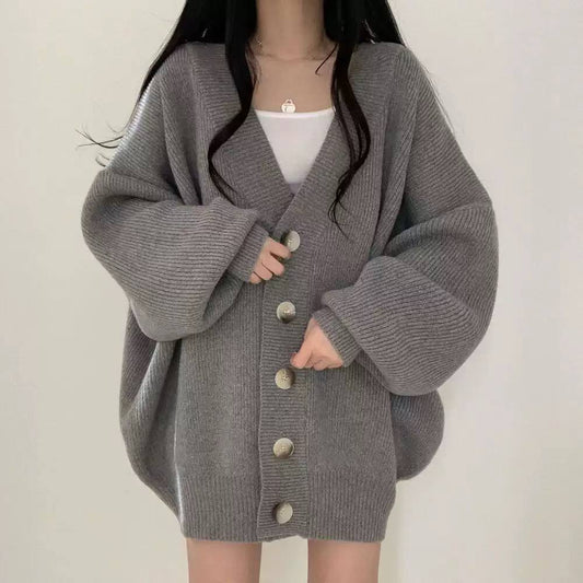 Longline Button-Up Cardigan With Dropped Shoulders – Grey