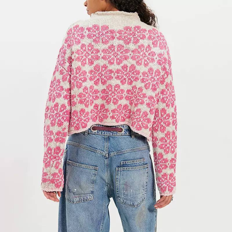 Rolled Neck Floral Sweater With Dropped Shoulders – Pink Floral