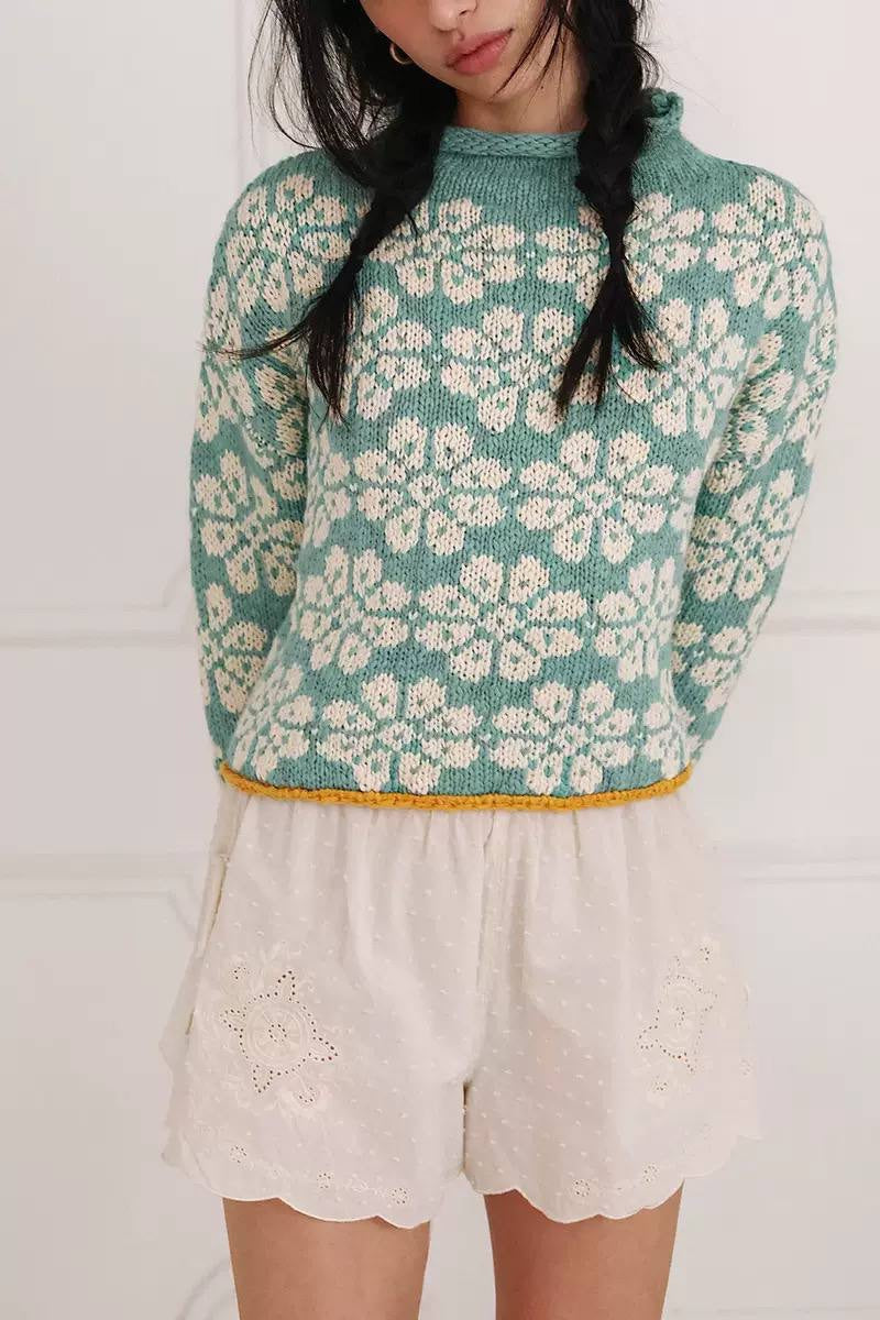 Rolled Neck Floral Sweater With Dropped Shoulders – Green Floral