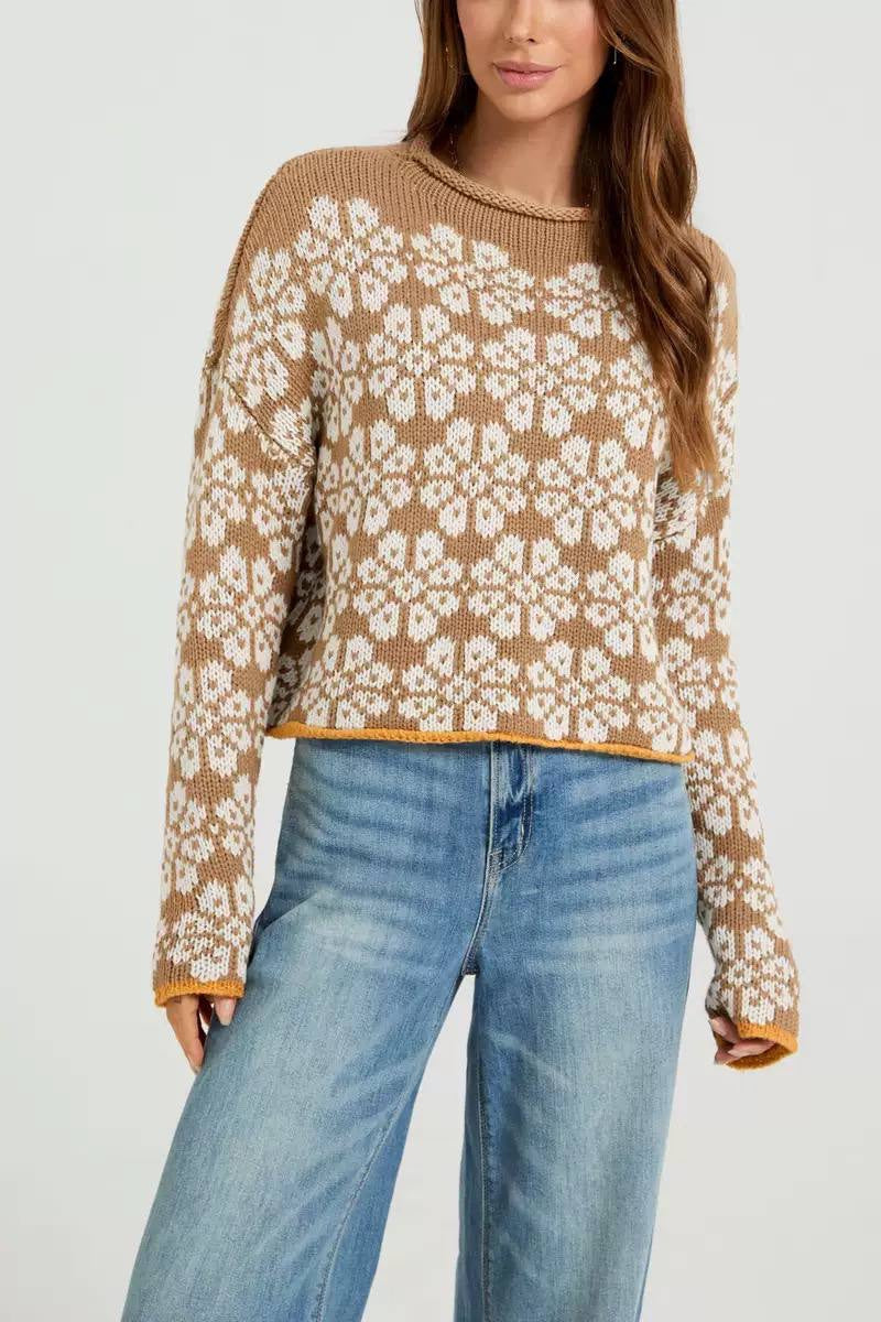 Rolled Neck Floral Sweater With Dropped Shoulders – Camel Floral