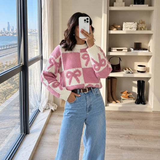 Relaxed Bow Check Sweater With Ribbed Crewneck – Pink And Cream Check