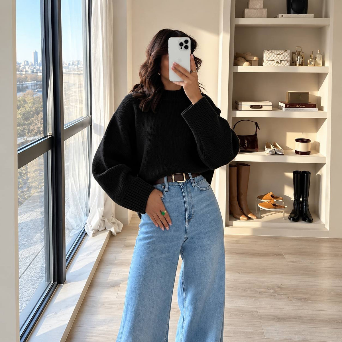 Drop Shoulder Sweater With Statement Ribbed Cuffs – Black